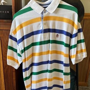 Tommy Hilfiger White Polo with Green, Blue & Yellow Stripes - Embroidered Crest